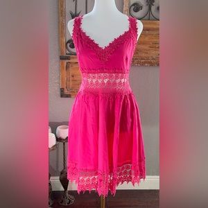 NWOT Venus Hot Pink Fuchsia Open Crochet Lace Strappy Shirred Back Sundress Sz M